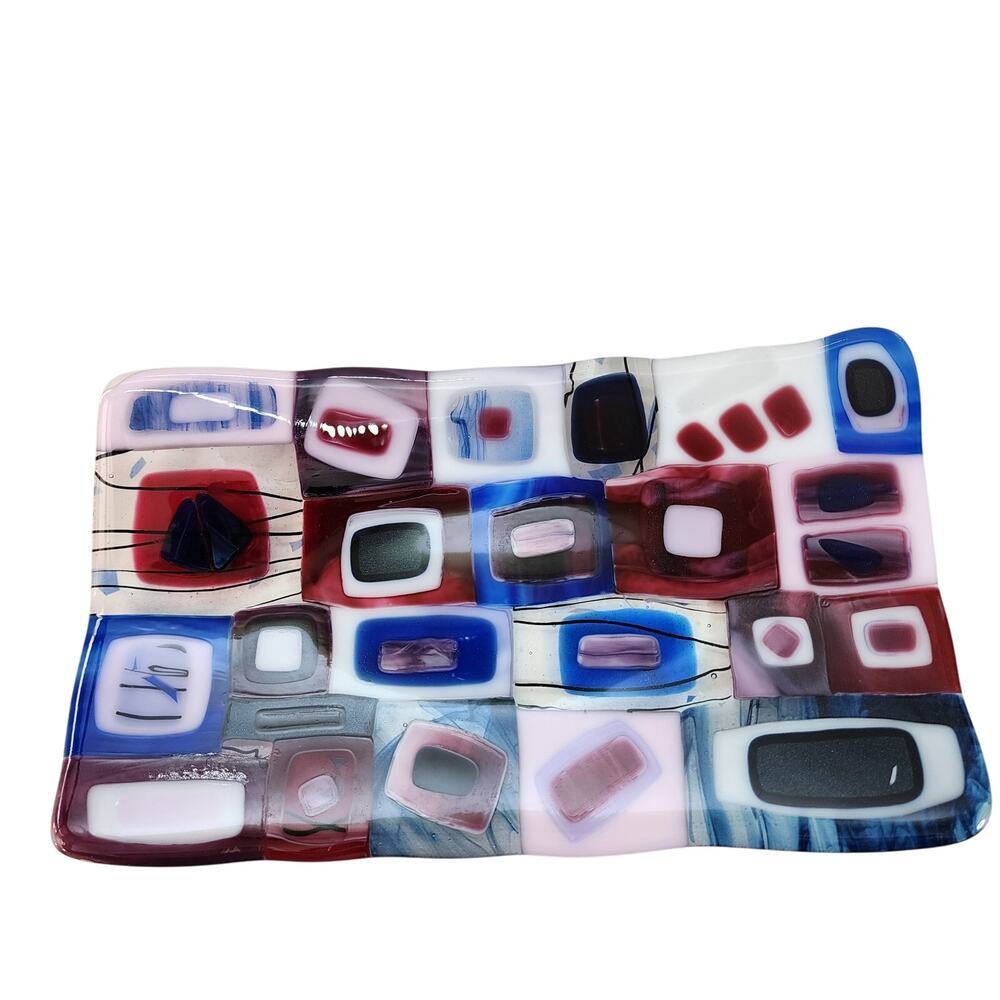 Stunning Fused Glass Platter Gemetric Design 12"x7" (30.48cmx17.78cm) Multicolor
